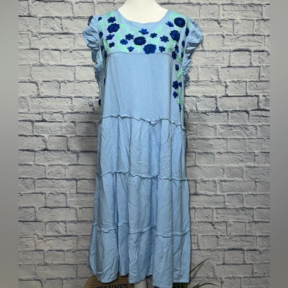💜 GABY & GRACIE Embroidered Midi Dress Sz L Blue Floral Tiered Flutter Sleeve